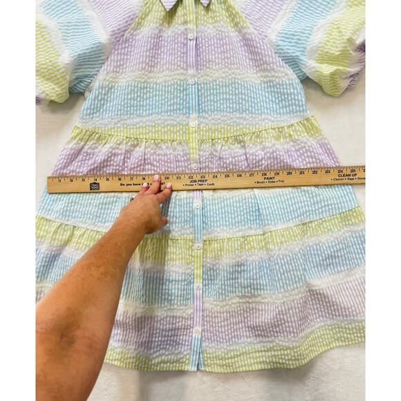 Saylor Tressie Mini Shirt Dress Womens M Seersucker Puff Sleeve Pastel Stripe - Picture 10 of 13
